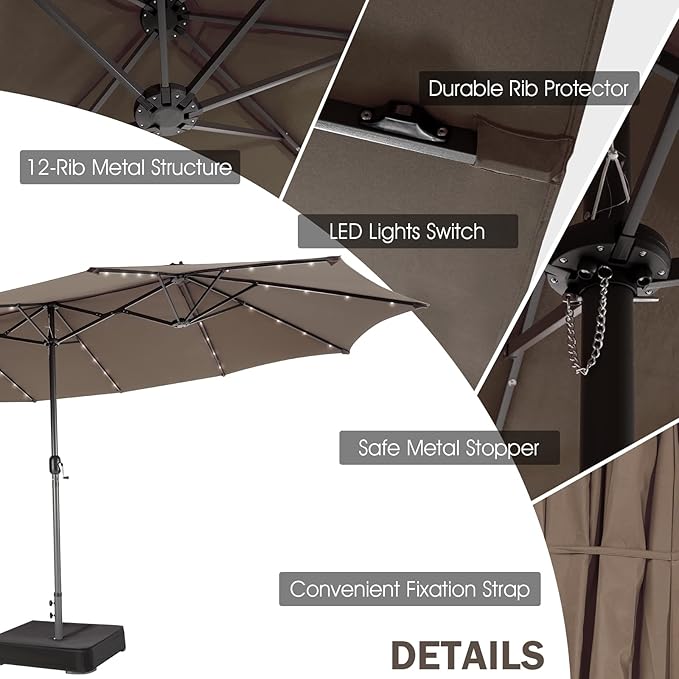 Giantex 15 FT Double Patio Umbrellas with 48 Solar LED Lights, Auto-Charging Panel, Crank System, Outdoor Extra-Large Rectangle Market Table Umbrella for Garden Deck Backyard Beach Pool