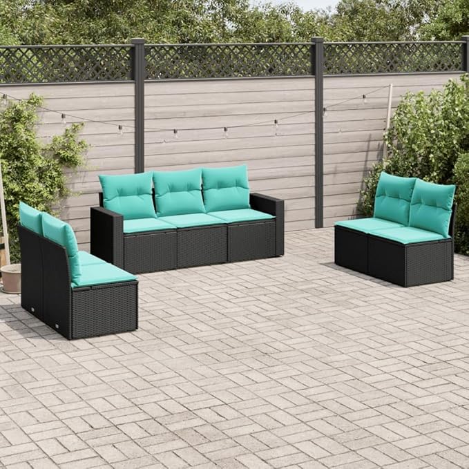7 Piece Patio Sofa Set with Cushions, Porch Furniture Set Front Porch Furniture Patio Conversation Set Garden Lounge Set for Piazza Garden Exhibition Negotiation Area Black Poly Rattan
