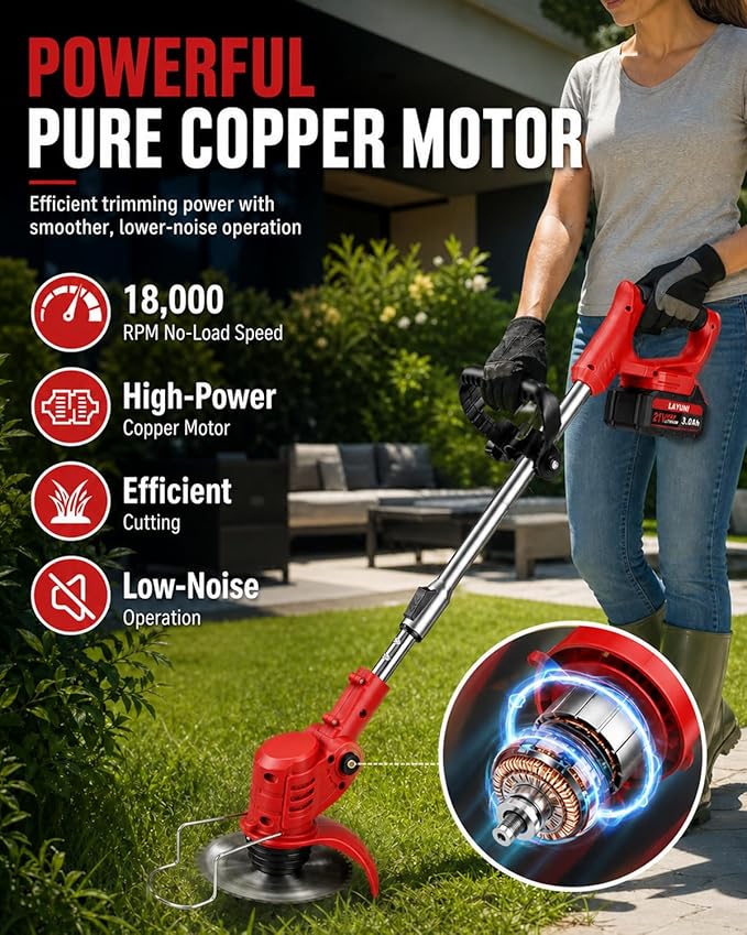 Cordless Weed Wacker with Wheels, 880W Electric Weed Eater with 2 x Batteries, 3-in-1 Battery Powered Grass Trimmer/Brush Cutter with 5 Types Saw Blades, Lightweight for Lawn & Garden