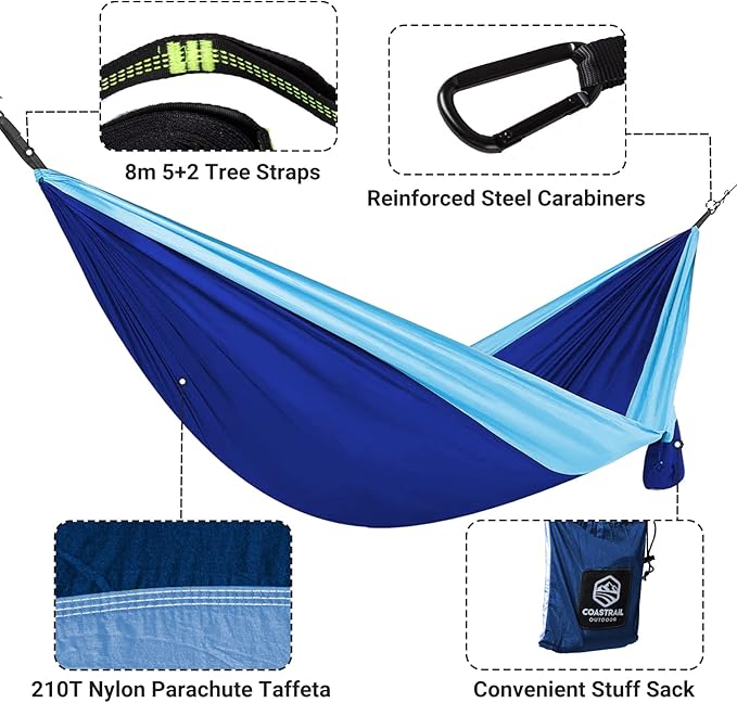 Coastrail Outdoor Deluxe Portable Hammock Compact 1-Person 108"*54" Hammock Multi-Purpose Indoor/Outdoor- Hammock Kit with Tree Straps and Carabiners, Blue, One Size