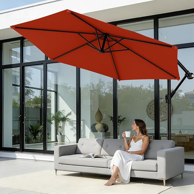 AreShark 10FT Patio Outdoor Umbrella, Offset Patio Umbrella Cantilever Umbrella, 6 Sturdy Ribs, Easy Adjustment for Garden Market Pool with Cross Base (Orange)