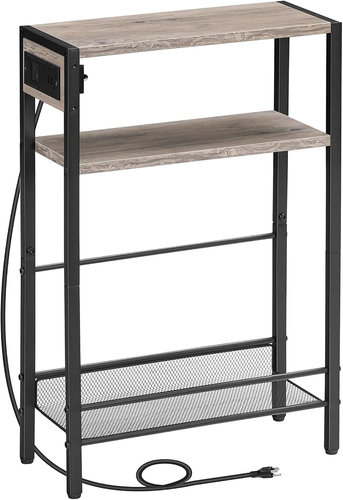 HOOBRO Small Narrow Side Table with Charging Station, Skinny End Table for Small Spaces, Slim Nightstand with USB Ports Outlet, Sofa Beside Table with Storage Shelf, Greige and Black BG102UBZ01
