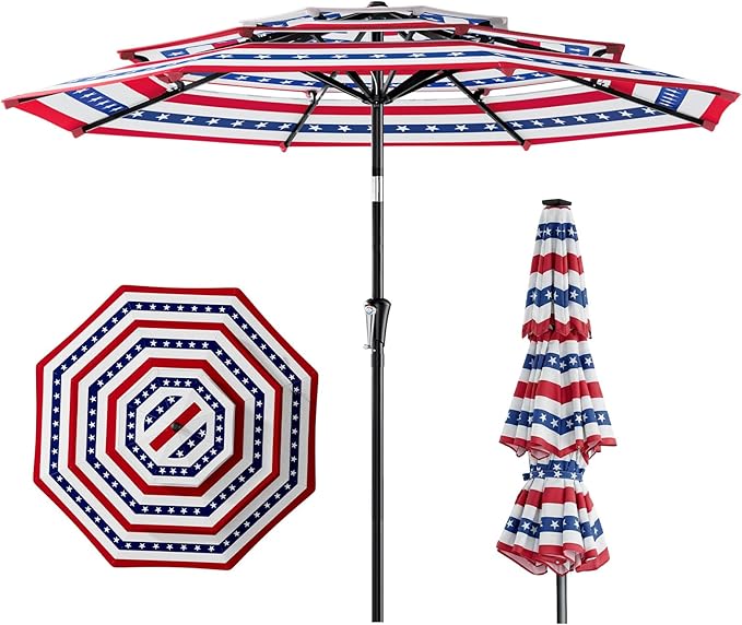 HOMSHADE 9FT 3-Tiers Outdoor Patio Umbrella with 5-Year Fade Resistant,Vented Outdoor Commercial Market Umbrella with UPF50+ UV Protection & Push Button Tilt and Crank for Pool,Backyard(NO Base)
