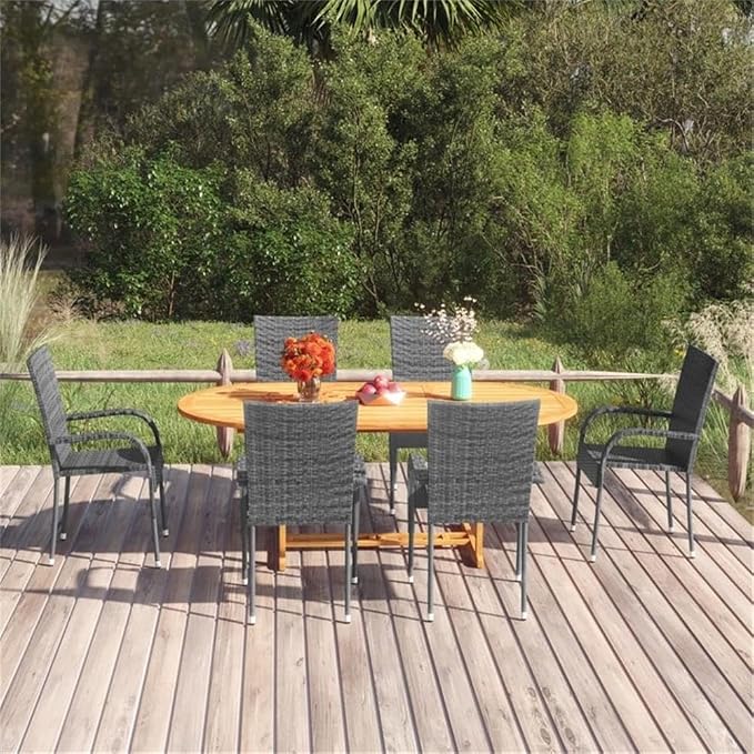 BOWERY HILL 7-Piece Patio Dining Set, Solid Acacia Wood Table & Poly Rattan Chairs, Powder-Coated Steel Frame, Gray Finish, Weather-Resistant, Stackable Chairs, Modern Style for Garden, Terrace, or