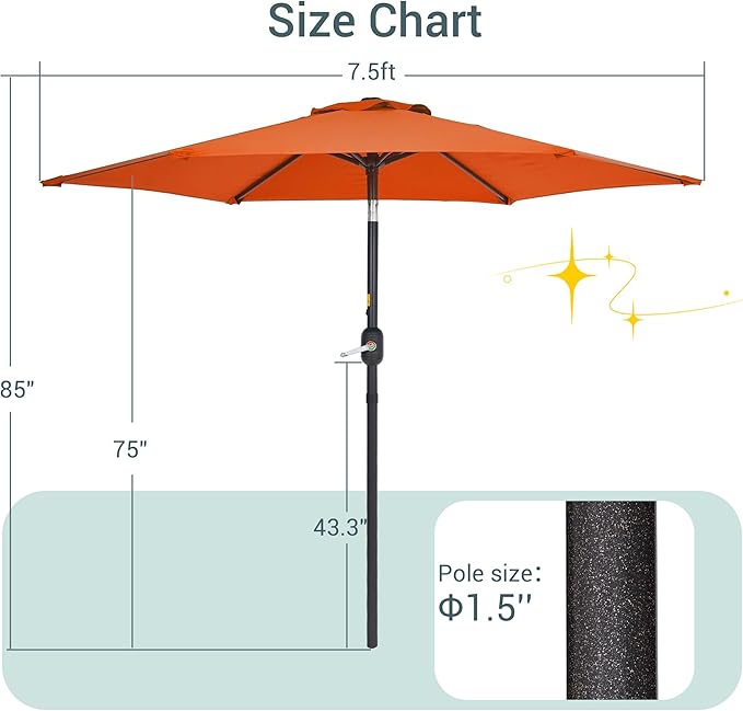7.5ft Outdoor Umbrella Patio Umbrella,2-Year-Non-Fading,Table Market Patio Umbrella with Push Button Tilt and Crank,for Pool, Deck, Garden,Backyard