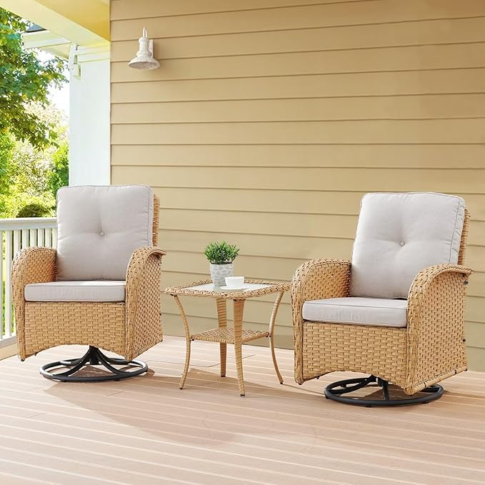 Belord 3PC Patio Furniture Set - Swivel Rocker Chair Bistro Set with Rattan Side Table, Natural Wicker/Beige Cushion