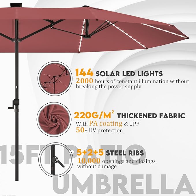 GDPFN 15ft Large Patio Umbrella with Solar Lights, Outdoor Double-Side Rectangular Umbrella, Backyard Pool Umbrella with LED Light for Deck, Outside, Market, Burgundy (Base Not Include)