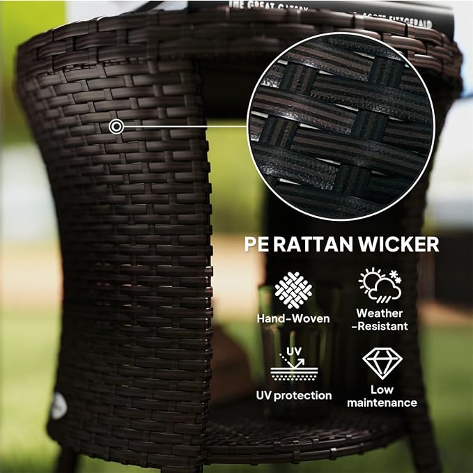 Outdoor Rattan Side Table with 2-Tier Storage, 18.1" Hourglass Shape Outdoor End Table, PE Wicker Bistro Coffee Table with Wood-Plastic Composite Top for Patio Garden Balcony, Brown