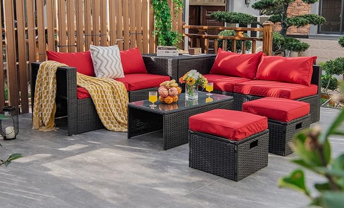 Tangkula 8 Pieces Patio Furniture Set with Waterproof Cover, Patiojoy Space Saving Outdoor PE Rattan Set with Storage Box, Tempered Glass Table, 2 Ottomans, 2 Armless Sofas & Corner Sofas