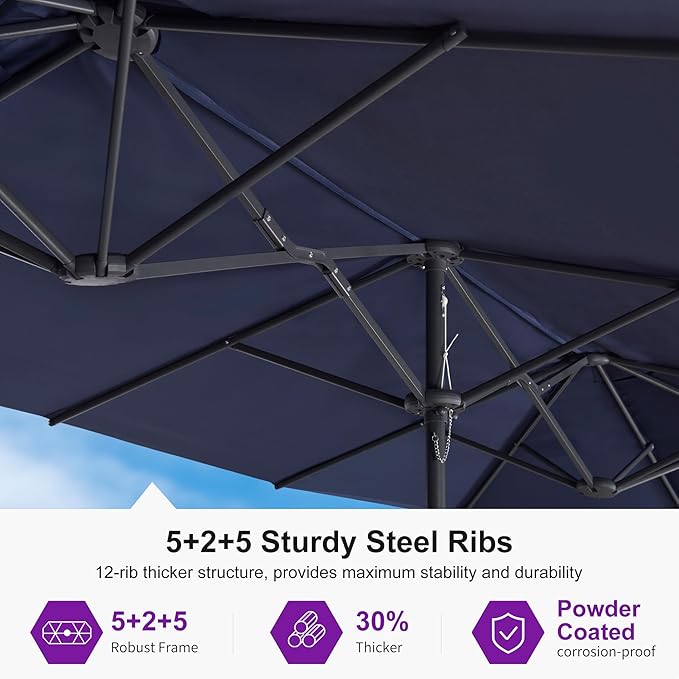 PURPLE LEAF 14ft Patio Umbrella with Solar Lights Outdoor Double-Sided Market Umbrella with Base Included Rectangle Table Umbrella for Pool Garden Backyard, Navy blue