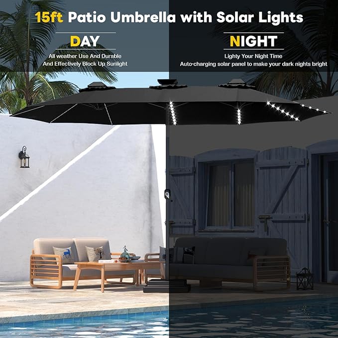 AECOJOY 15ft Patio Umbrella with Solar Lights, Double Sided Large Patio Umbrella with Crank Handle and 156 PCS LED Lights, Outdoor Rectangular Market Umbrella for Backyard Deck Pool in Black(1.9" Pole)