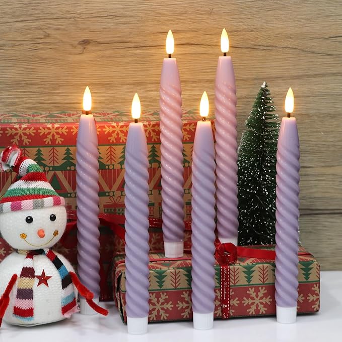 Purple Flameless Taper Candles Real Wax Flickering with Remote Timer, Gentle Lavender LED Spiral Candles Battery Operated 6 Pack 9.8 inch, Wedding Birthday Home Party Holiday Dinner Decor