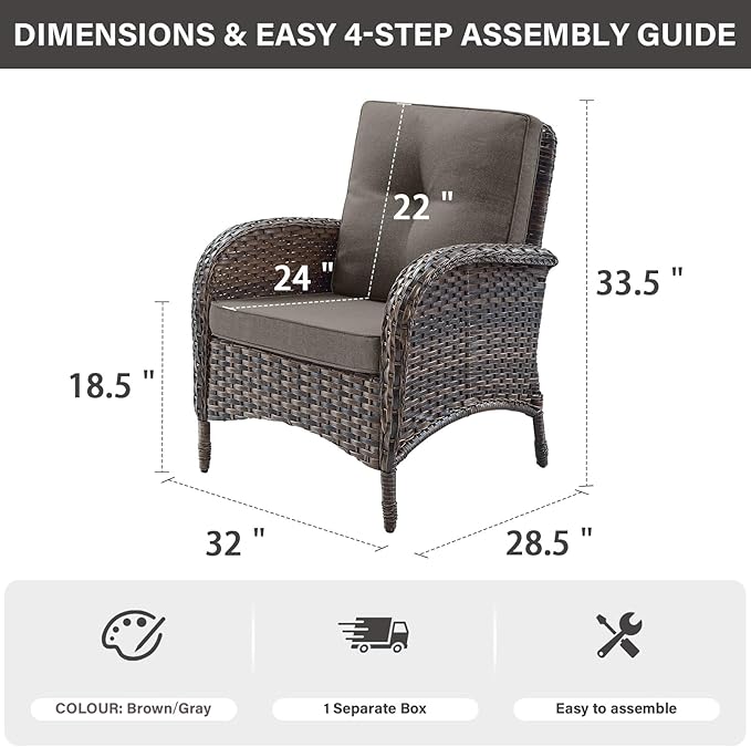 Belord Patio Club Chair Wicker Chairs - Outdoor High Back Chair Set of 2 Patio Furniture Set Rattan Seating with Removable Cushions for Porch Balcony Deck Pool Brown/Gray