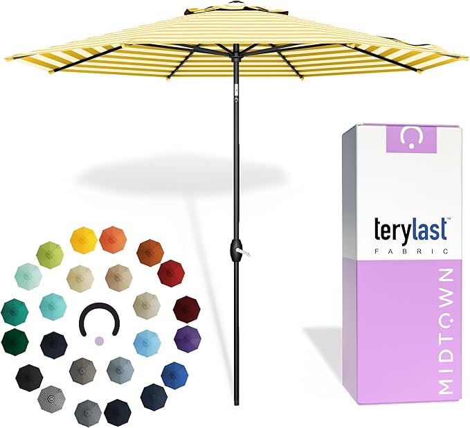 Midtown Umbrellas 10-Year-No-Fade - 8 Ft - UV Proof White/Yellow Stripes Fabric - Umbrella Outdoor Patio, Auto-Tilt Aluminum Frame Patio Umbrella for Garden, Pool & Deck - Black Pole