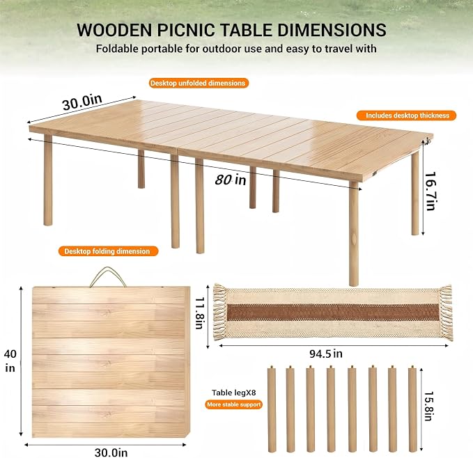 Upgraded Extra Large Low Wooden Folding Picnic Table with 8-Legs, Thick Varnished Tabletop, 80"×30" Portable Boho Beach Table with Table Runner for Yard, Camping, Outdoor Party (Vertical Stripe)