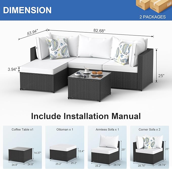 Patio Furniture Set, 5PCS Outdoor Sectional with Ottoman Wicker Rattan Patio Couch with Thickened Cushion Modular Wicker Patio Conversation Set with Glass Top Table for Balcony, Backyard (White)