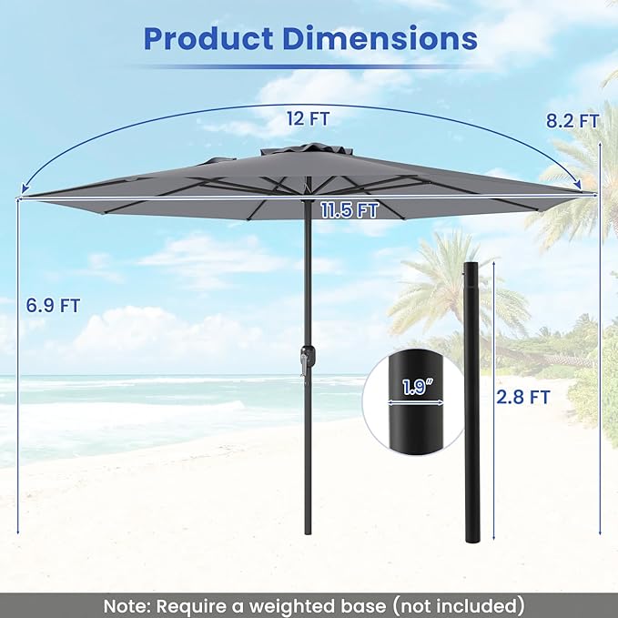 Tangkula 12 FT Patio Umbrella, Outdoor Market Umbrella with Crank Handle, 8 Sturdy Ribs, Double-Tiered Table Umbrella, Sun-Protective Waterproof Canopy Round Parasol for Garden Backyard Pool (Grey)