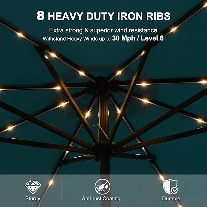 PURPLE LEAF 10' Round Patio Umbrella with Solar LED Outdoor Table Umbrella Aluminum Frame Market Umbrella with 8 Sturdy Ribs & Tilt for Garden Deck Lawn Pool Turquoise Blue