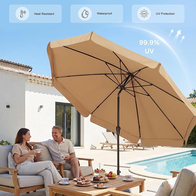 ABCCANOPY 10ft Scalloped Patio Umbrella, Outdoor Table Umbrella with Tilt and Crank, Fiberglass Ribs Deck Umbrella for Patio, Pool, Garden, Picnic (Khaki)