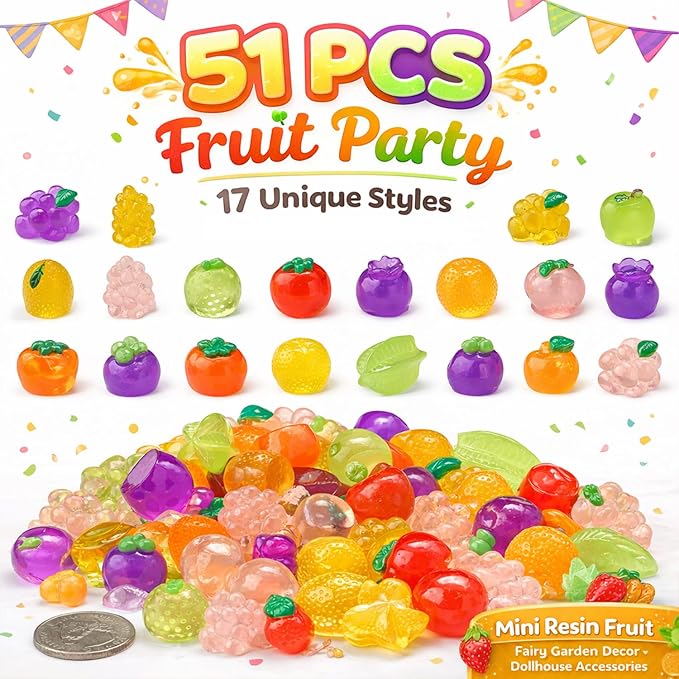 51PCS Mini Resin Fruits Glow in the Dark, Tiny Luminous Fruit Figurines Variety Pack to Hide, Miniature Food for Crafts, Fairy Garden Decor, Micro Landscape Accessories