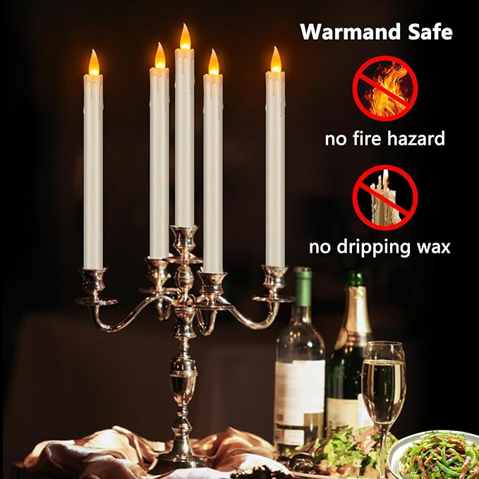 wemarry Flickering Flameless Taper Candles, 10" Fake Taper Candles Battery Operated with Timer, Long Lasting-Ivory Electric Led Candlesticks for Xmas Halloween Wedding Home Décor(Ivory Drip, 12 Pack)