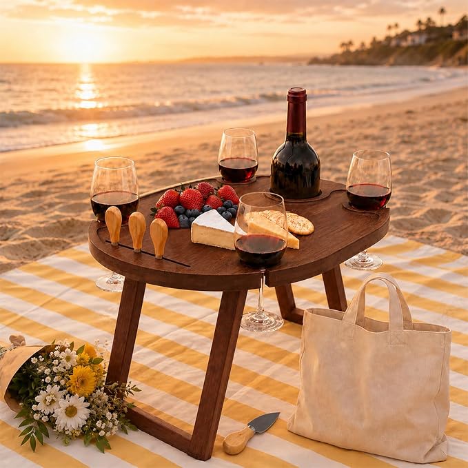 Portable Wine Picnic Table with 4 Glass Holders, Foldable Bamboo Outdoor Snack Table with Cheese Knife Set & Storage Bag, Low Picnic Tray for Camping, Grass, Beach, Romantic Date (Brown)