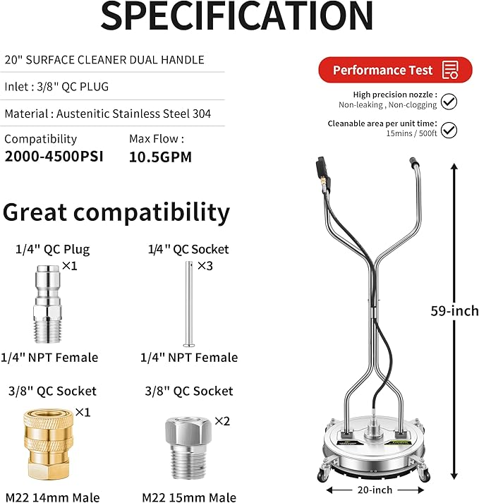 20" Pressure Washer Surface Cleaner Plus with 5 Nozzles Water Broom | Stainless Steel Dual Handle Power Washer Surface Cleaner for Patio Decker Concrete Driveway, 4000 PSI