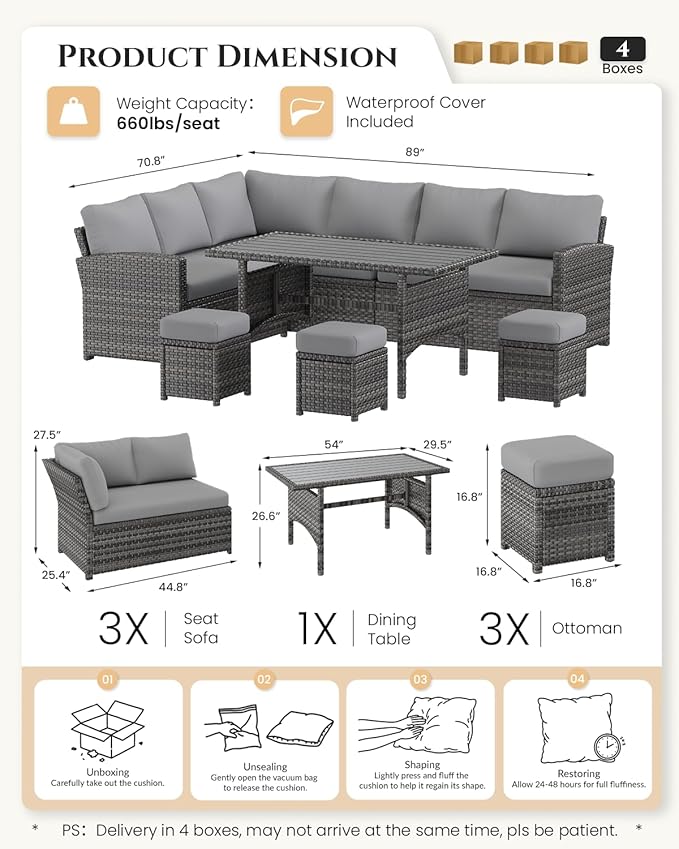 U-MAX 7 Pieces Patio Furniture Set with Waterproof Cover, Outdoor Sectional Sofa Conversation Set, All Weather Wicker Rattan Dining Table & Chair with Ottoman, Grey Rattan&Grey Cushion