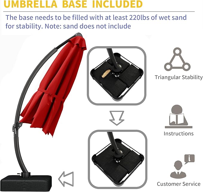 Kingdura 11ft Offset Cantilever Patio Umbrella with Base Included, Large Round Aluminum Outdoor Umbrella, 360° Rotation & Infinite Tilt, Heavy Duty Frame for Deck Pool Backyard, Red