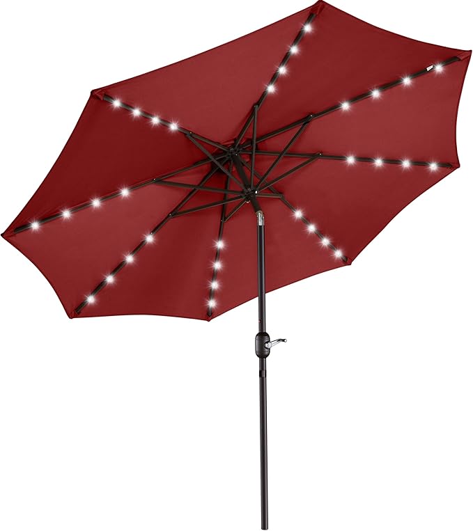 Pure Garden Patio Umbrella with Solar Lights - 9 Ft Outdoor Umbrella Shade with 32 LEDs and Auto Tilt for Deck, Table, Backyard, or Pool by Villacera (Red)