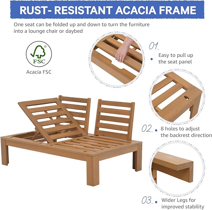 SUNSITT 6 Piece Acacia Wood Patio Furniture Outdoor Sectional Sofa Set with Adjustable Armrest, FSC Certified L-Shaped Patio Set w/2-in-1 Coffee Table, Cream White Cushions for Garden
