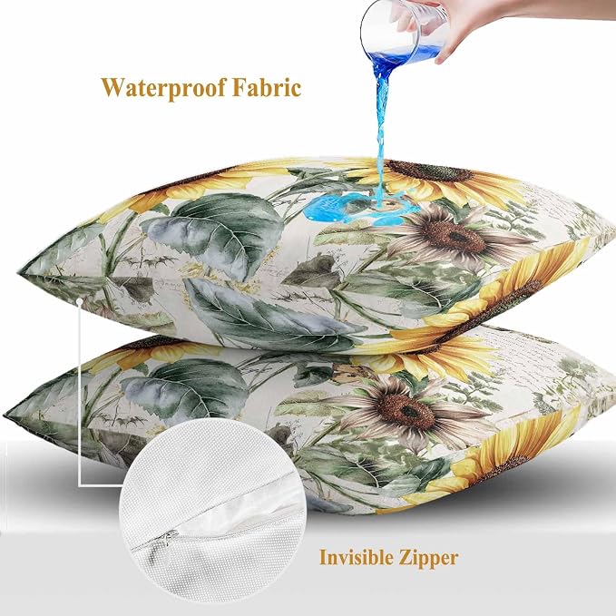 Vintage Yellow Sunflowers Outdoor Waterproof Throw Pillow Covers Set of 2, 18"x18", American Pastoral Style Decorative Pillow Covers Outside Cushion Case for Patio Porch Garden