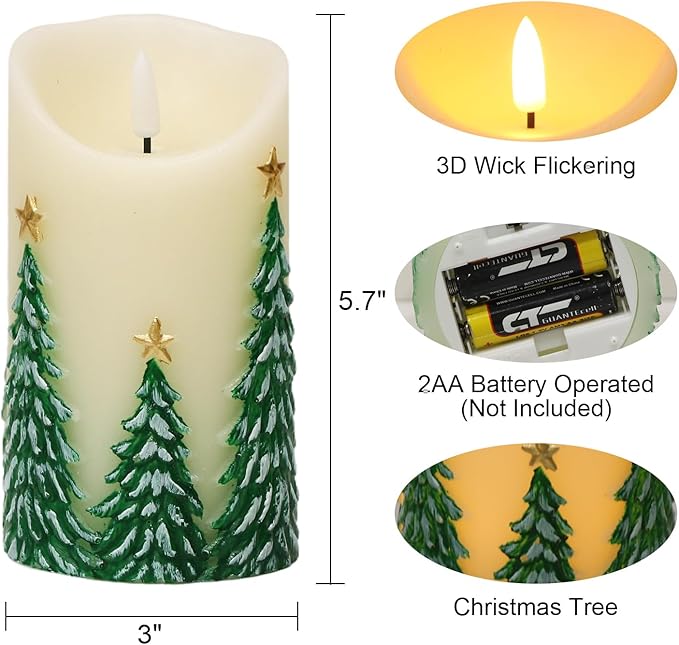 Wondise Christmas Flameless Candles with Timer, Battery Operated Flickering 3D Wick Real Wax Christmas Tree Candles for Christmas Holiday Indoor Decoration, Set of 2, Ivory(D3 x H5.7 Inch)