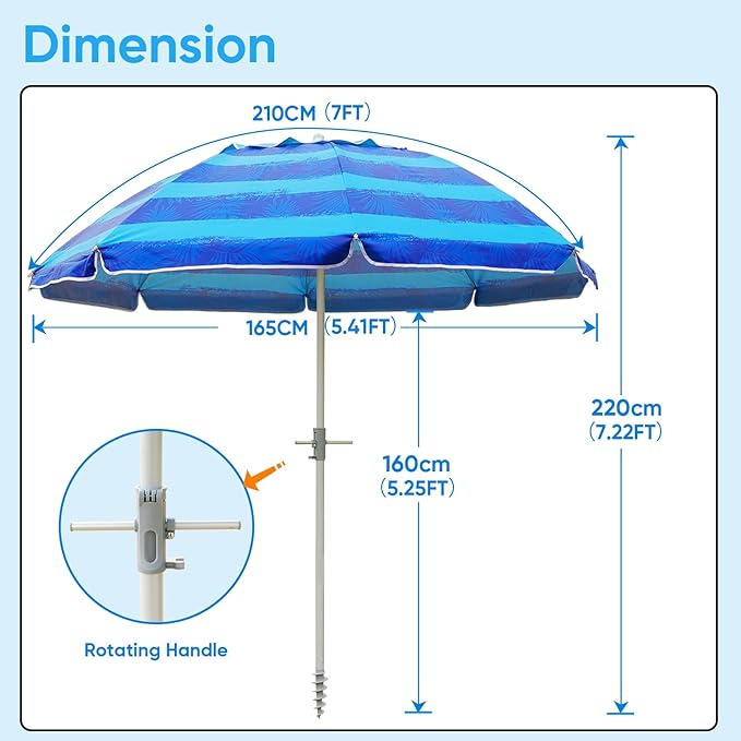 Beach Umbrella w/Sand Anchor & Tilt, Heavy Duty Wind Outdoor Umbrellas with Air Vents Design & Carry Bag, UV 50+ Protection Portable Sun Shade for Patio, Pool, Garden