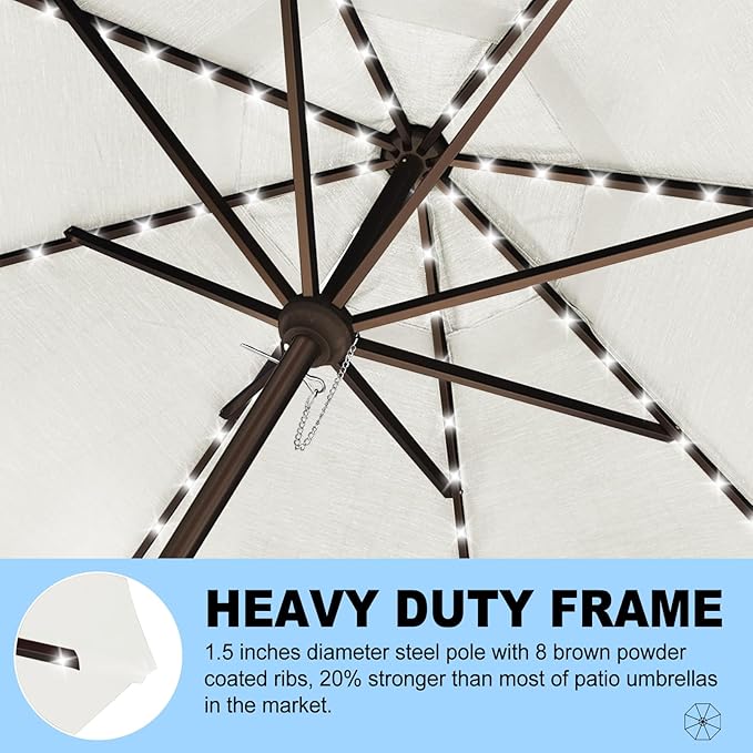 Eurmax USA 10-Year-Non-Fading 10FT 3-Tier Outdoor Patio Market Umbrella with LED Lights,UPF50+ UV Resistant,Commercial Grade,Crank Lift Design,Windproof Vented Top for Garden,Pool,Deck,Natural