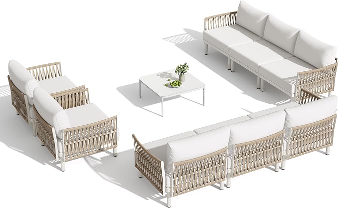 9-Piece Aluminum Modern Outdoor Sectional Sofa with Coffee Table - Weather-Resistant 31" Deep Seating Patio Conversation Set, 5.1" Thick Removable Cushions for Deck, Porch & Backyard, Beige