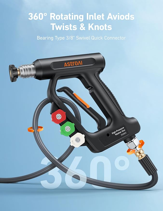 AstroAI Short Pressure Washer Gun with Swivel, Power Washer Gun with 3/8" Quick Connect Inlet & 1/4" Outlet, 4060 PSI, with 4 Nozzles, Ergonomic Comfort Grips, Compatible with Foam Cannon for Car Wash