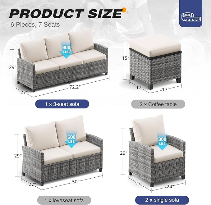 6 Piece Outdoor Sectional Furniture, Wicker Outside Furniture Patio Sofa Set with Cushions, Waterproof Patio Conversation Set for Garden Balcony Backyard (Gray & Beige)