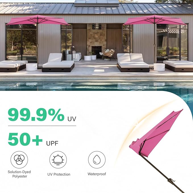 JEAREY 9ft Half Umbrella Outdoor Patio Umbrella Market Umbrellas with Crank, 1/2 Round Wall Umbrella 5 Sturdy Ribs UV Protection for Pool Garden Balcony Deck, Rose Pink