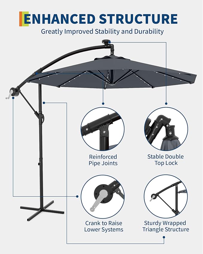 10FT Cantilever Patio Umbrella with Solar LED Lights - Heavy Duty 2-Tier Square Aluminum Offset Outdoor Umbrella, 360° Rotation for Poolside, Backyard, Deck Outdoor Use, Tan