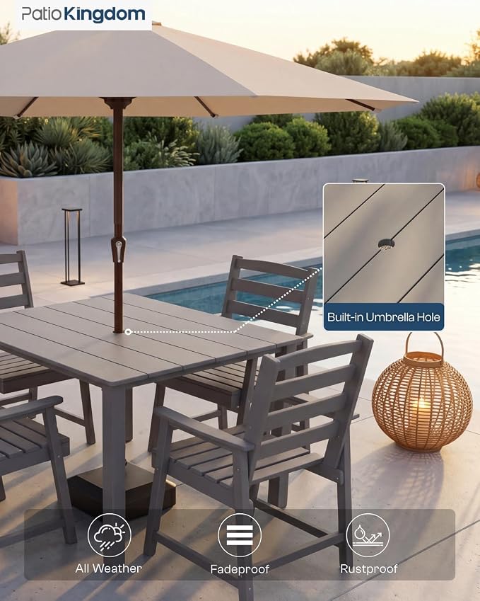 HDPE Outdoor Dining Set for 4, Armchairs, Grey | All-Weather HDPE, Wood Grain Finish, 42.5" Square Table, Built-In Umbrella Hole, Seats 4, Patio & Poolside Ready