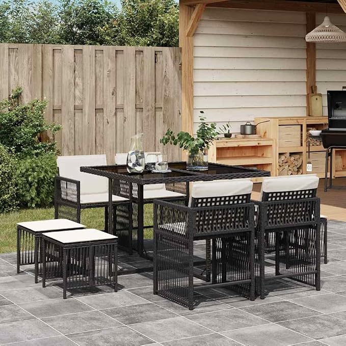 9-Piece Garden Dining Set with Cream White Poly Rattan and Tempered Glass Table, Medium Foldable Chairs for Up to Eight People, Modern Outdoor Patio Furniture for Backyard