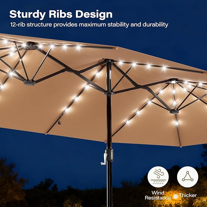 EO Living 13ft Large Patio Umbrella with Solar Lights, Double-Sided Rectangle Outdoor Umbrella with Base Included, 24 LED Lights Table Umbrella for Poolside Deck Market (Beige)