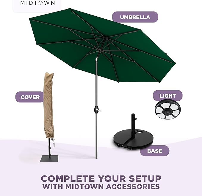 Midtown Umbrellas – The Lean 8 Ft Patio Umbrella with 10-Year-No-Fade Acrylast Acrylic Fabric, Auto-Tilt and 8 Reinforced Ribs for Deck, Pool, Garden, Hotel & Cafes – Forest Reserve Canopy, Black Pole