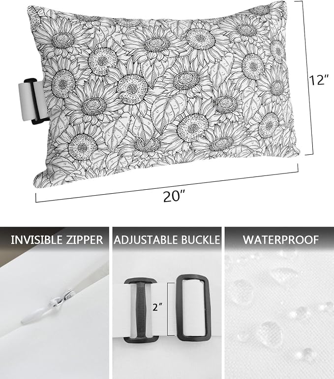 Outdoor Pillows Covers with Inserts Sunflower Rustic Flower Black Lines Waterproof Recliner Pillow with Adjustable Strap Throw Pillows for Patio Furniture Pool Lounge Chair, 12x20 inch, 2PCS