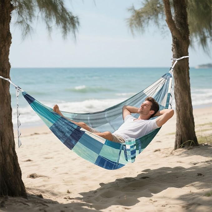 Square Geometric Plaid Stripe Embroidery Robin Blue 330lb Capacity Outdoor Hammock with Hanging Ropree Hammock for Indoor Outdoor Patio Base para hamacas para adultos