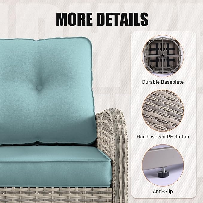 13-Piece Outdoor Patio Furniture Set with Rocking Swivel Chair, Wicker Rattan Sectional Sofa Conversation Set with Tempered Glass Table, Backyard Furniture, Light Blue