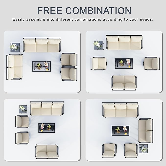 6 Pieces Patio Furniture Set, Metal Outdoor Conversation Sets with Swivel Chairs, Modern Couch Sofa Seating Group with Coffee Table and Side Table (Thick Beige Cushions)