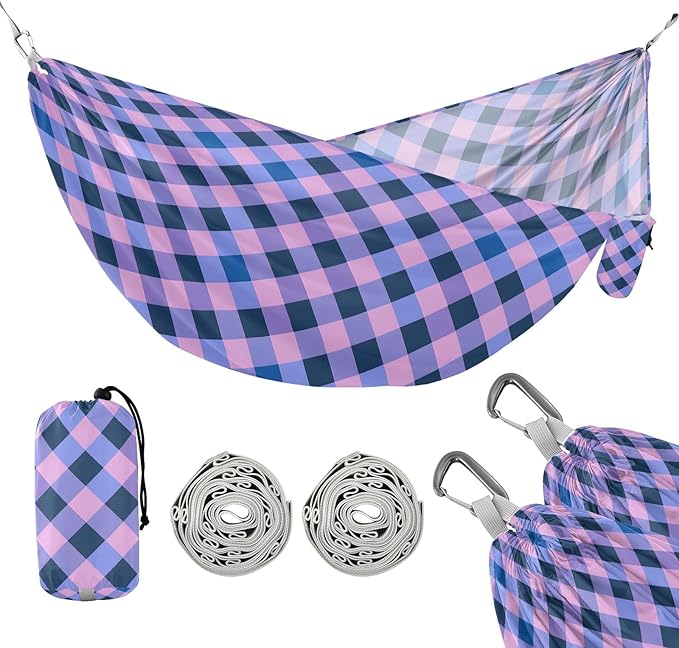 Camping Hammock Outdoor Hammocks for Outside Purple Blue Checkered Beach Trees Portable Lightweight with Pockets Tree Straps Indoor