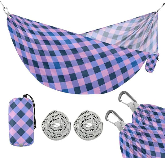 Camping Hammock Outdoor Hammocks for Outside Purple Blue Checkered Beach Trees Portable Lightweight with Pockets Tree Straps Indoor